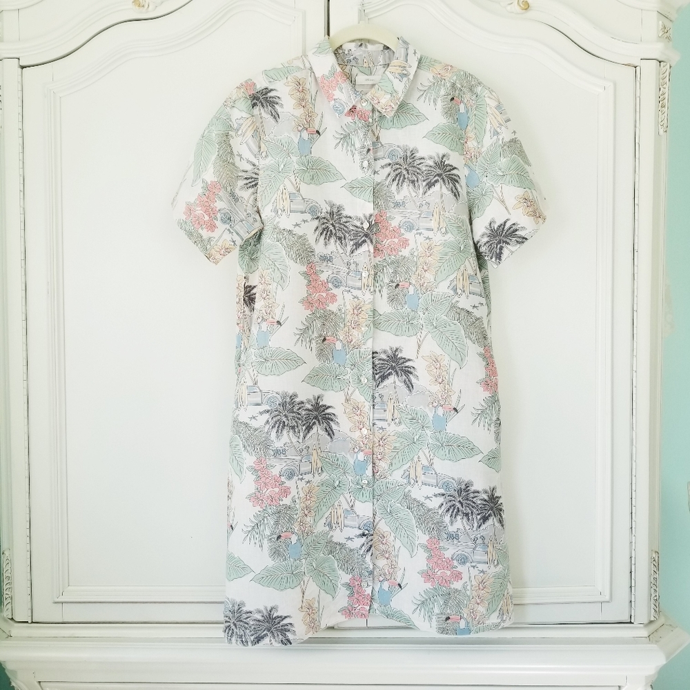 C & C California Tropical Travel Theme 100% Linen Short Sleeve Shirt Dress S ?